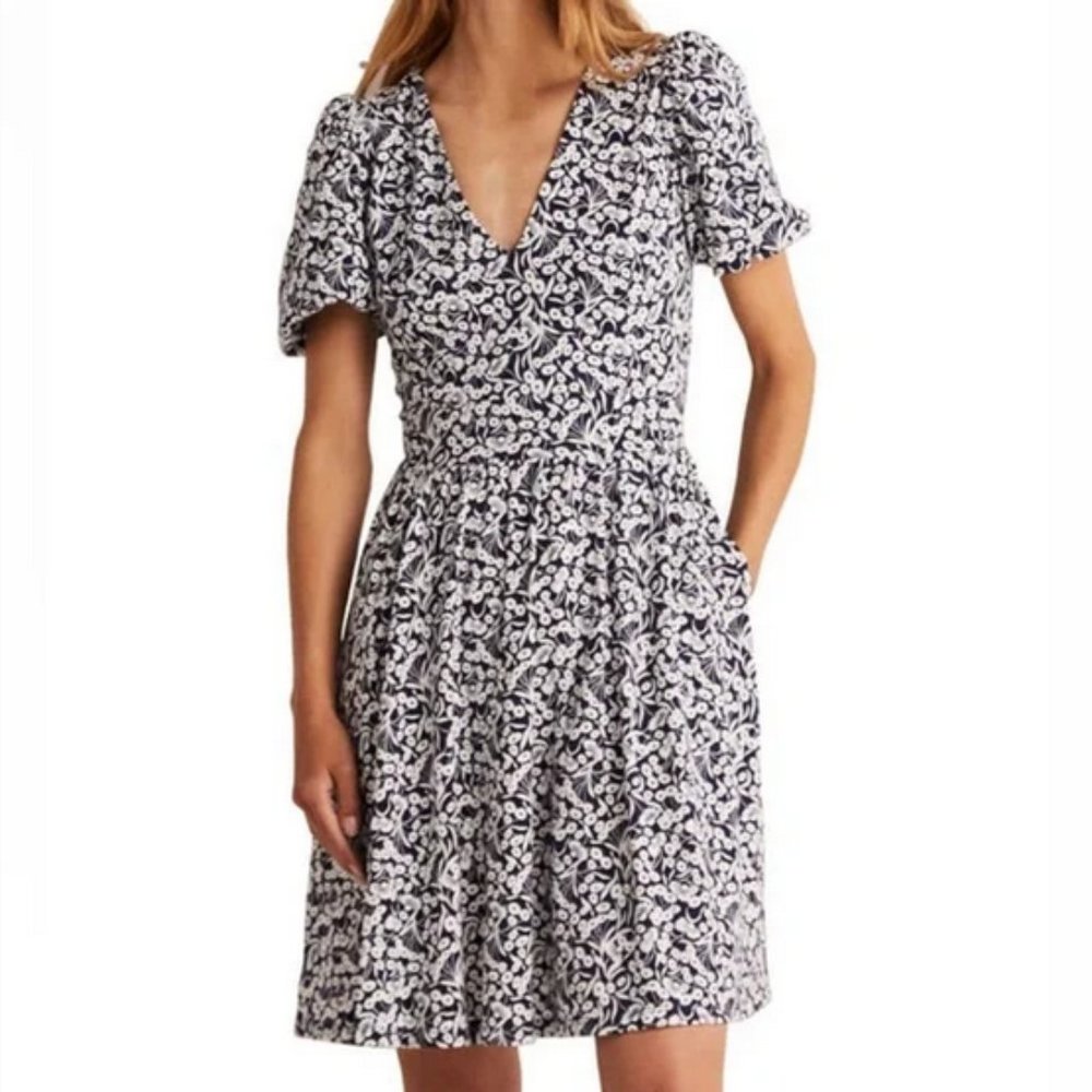 Boden Back Cutout Detail Jersey Mini Dress V-Neck Navy Blue, Size 8